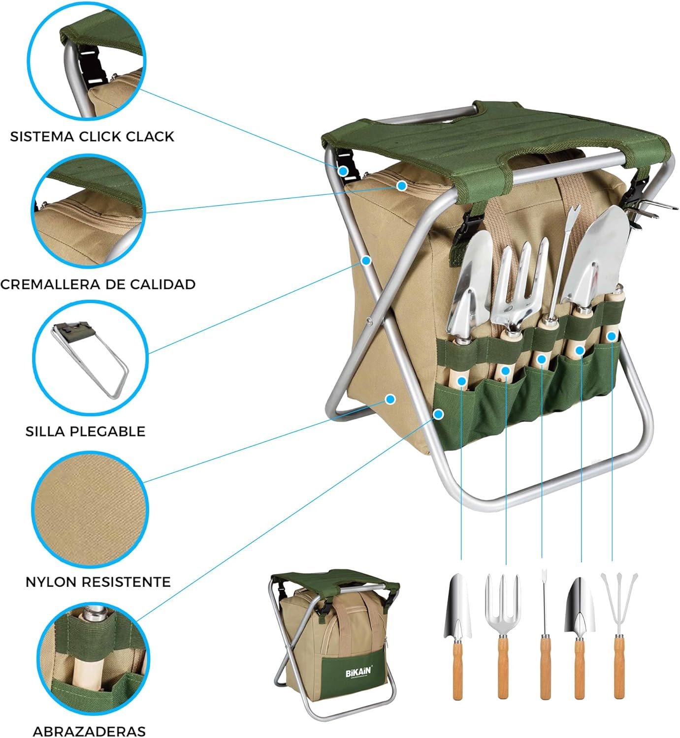 Folding Garden Stool with Tool Set - Image 3